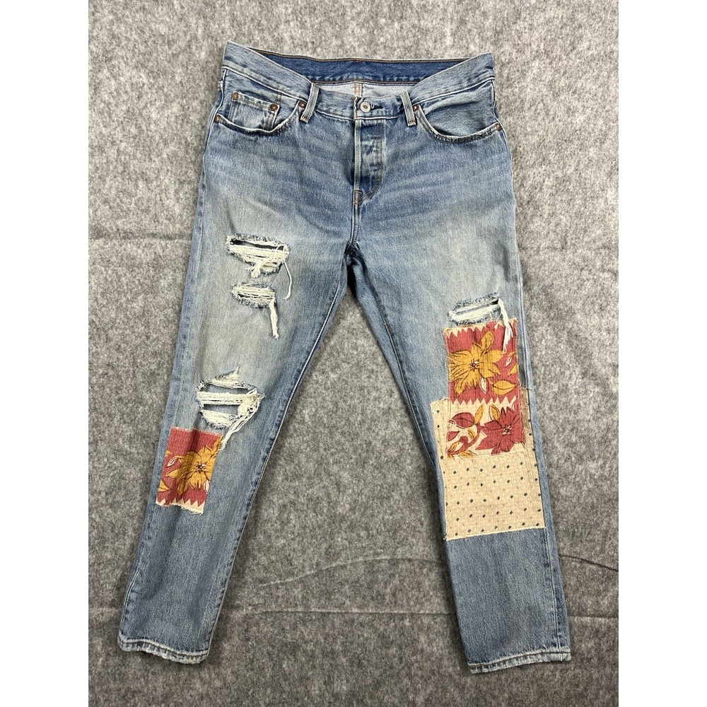 Levis 501 CT Jeans Mens/Women's Fleur Patched Distressed Blue Denim 28x32